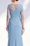 Blue Applique Chiffon Mother of the Bride Dress with Side Streamer