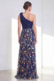 One Shoulder Sequin Embroidered Navy Mother of the Bride Dress with Slit