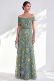 Off the Shoulder Floral Embroidered Green Mother of the Bride Dress