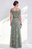 Off the Shoulder Floral Embroidered Green Mother of the Bride Dress