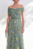 Off the Shoulder Floral Embroidered Green Mother of the Bride Dress