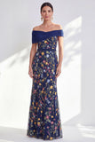 Off the Shoulder Floral Embroidered Green Mother of the Bride Dress