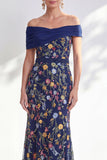 Off the Shoulder Floral Embroidered Green Mother of the Bride Dress