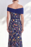 Off the Shoulder Floral Embroidered Green Mother of the Bride Dress