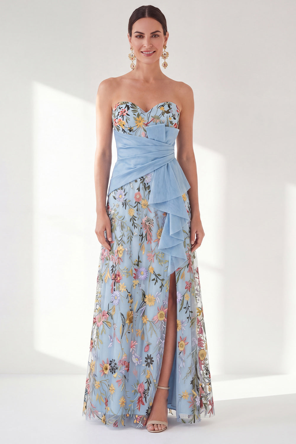Wedtrend Women Blue Floral Mother of the Bride Dress with Slit Embroidered  Sweetheart Long Mother of the Groom Dress – WEDTREND