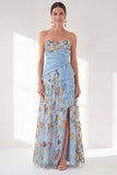Sweetheart Blue Floral Mother of the Bride Dress with Slit