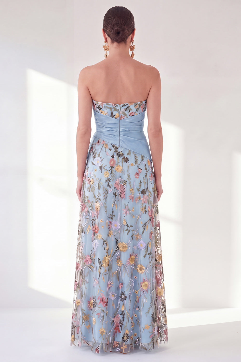 Wedtrend Women Blue Floral Mother of the Bride Dress with Slit Embroidered Sweetheart Long Mother of the Groom Dress, Blue / US24W