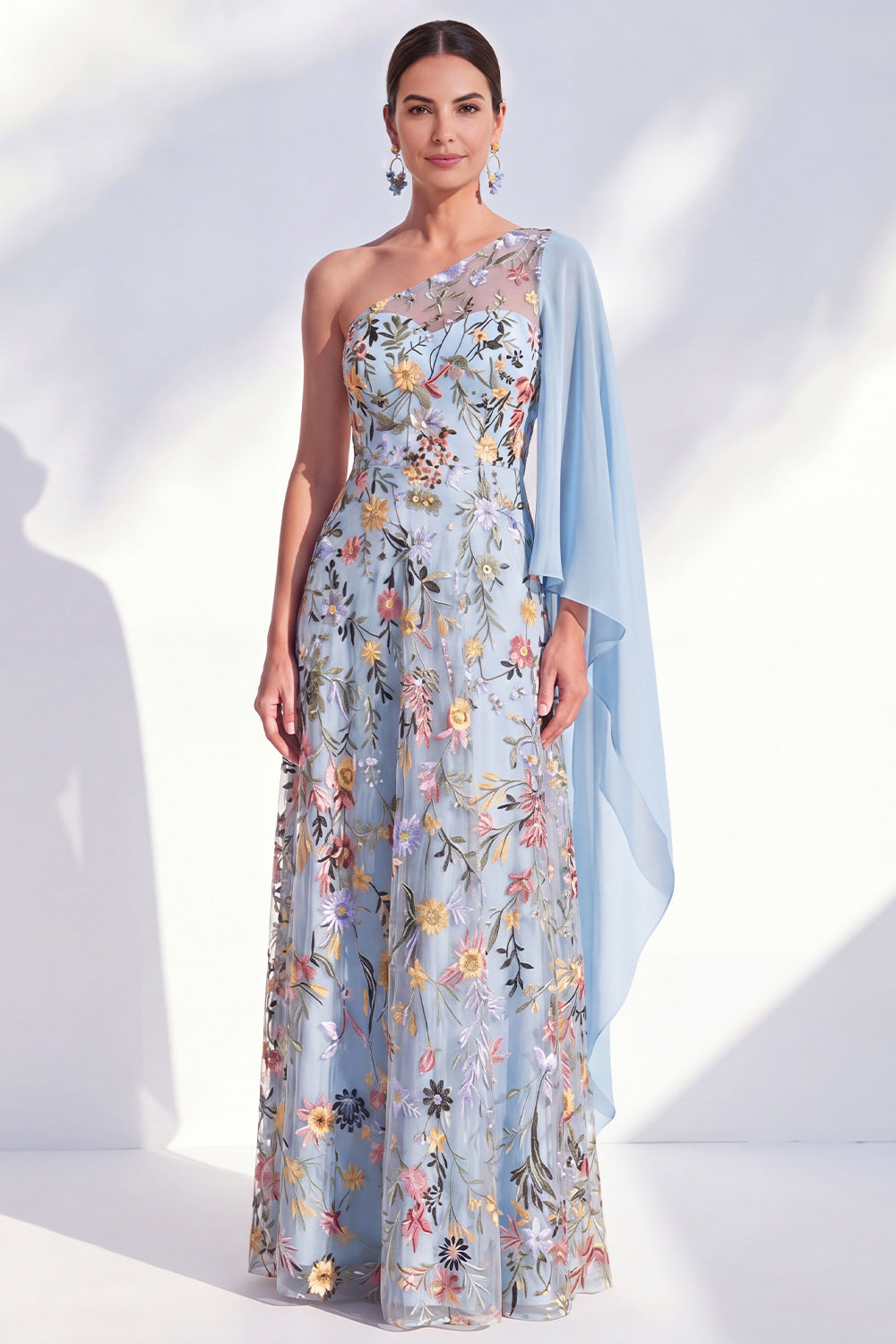 Wedtrend Women Navy Floral Mother of the Bride Dress with Cape Sleeve  Embroidered One Shoulder Long Mother of the Groom Dress – WEDTREND