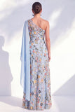Navy One Shoulder Floral Mother of the Bride Dress with Cape Sleeve