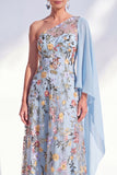 Navy One Shoulder Floral Mother of the Bride Dress with Cape Sleeve
