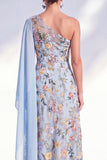 Navy One Shoulder Floral Mother of the Bride Dress with Cape Sleeve
