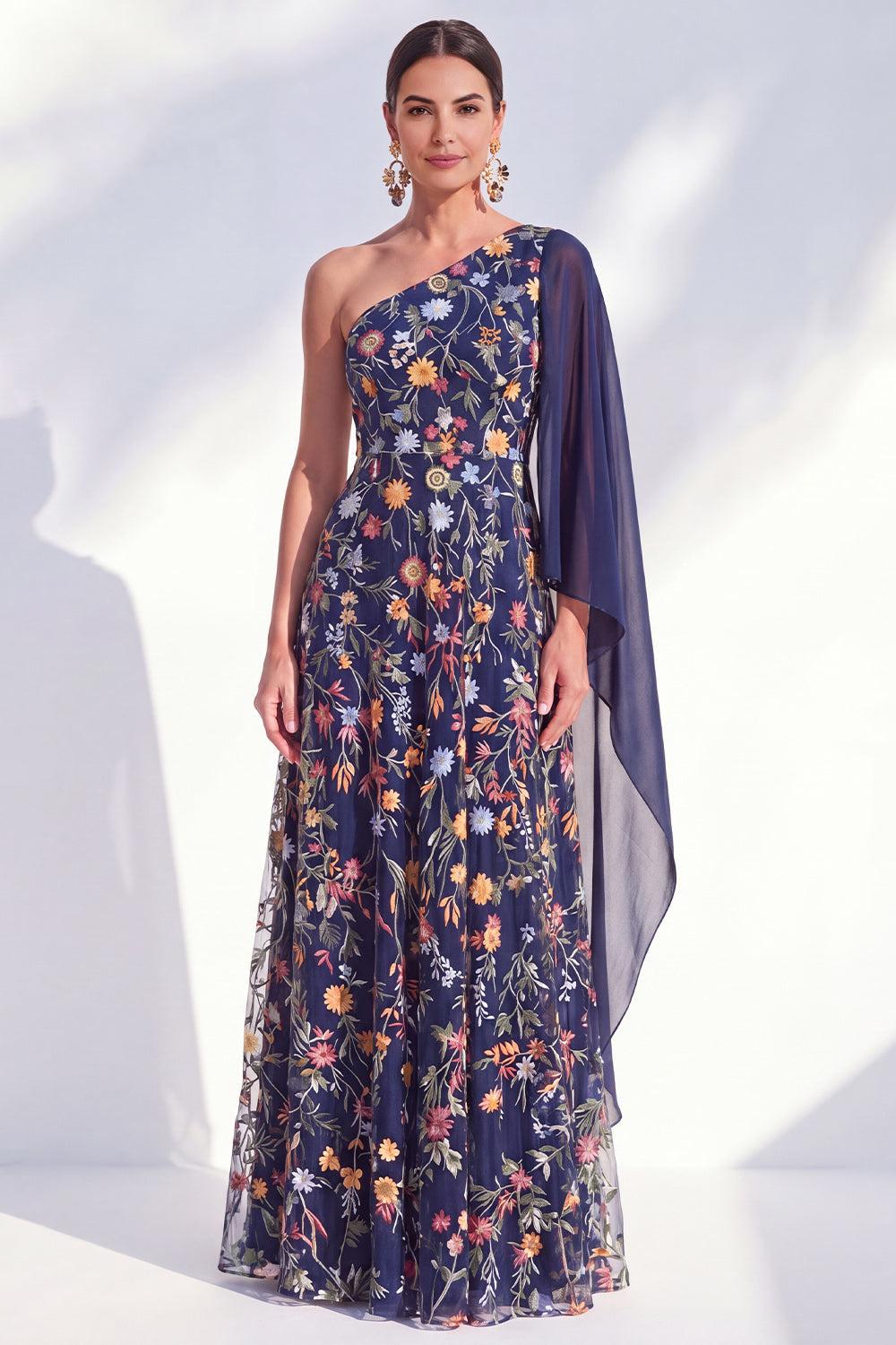 Wedtrend Women Navy Floral Mother of the Bride Dress with Cape Sleeve  Embroidered One Shoulder Long Mother of the Groom Dress – WEDTREND