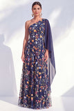 Navy One Shoulder Floral Mother of the Bride Dress with Cape Sleeve