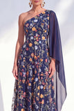 Navy One Shoulder Floral Mother of the Bride Dress with Cape Sleeve