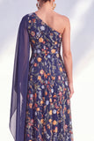 Navy One Shoulder Floral Mother of the Bride Dress with Cape Sleeve
