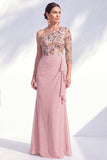 Grey Purple Floral One Shoulder Mother of the Bride Dress