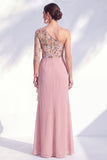 Grey Purple Floral One Shoulder Mother of the Bride Dress