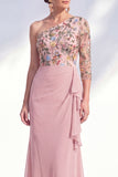 Grey Purple Floral One Shoulder Mother of the Bride Dress