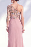 Grey Purple Floral One Shoulder Mother of the Bride Dress
