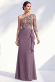Grey Purple Floral One Shoulder Mother of the Bride Dress