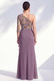Grey Purple Floral One Shoulder Mother of the Bride Dress