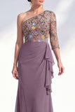 Grey Purple Floral One Shoulder Mother of the Bride Dress