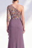 Grey Purple Floral One Shoulder Mother of the Bride Dress