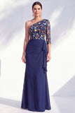 Grey Purple Floral One Shoulder Mother of the Bride Dress