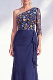 Grey Purple Floral One Shoulder Mother of the Bride Dress
