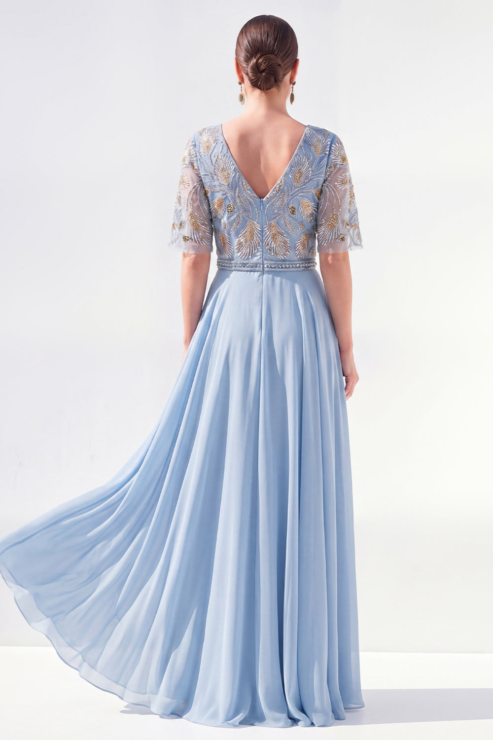 Wedtrend Women Green Chiffon Mother of the Bride Dress with Half Sleeves Beaded V-Neck A Line Long Mother of the Groom Dress, Blue / US26W