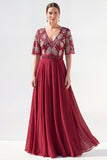 Green Beaded V-Neck Chiffon Mother of the Bride Dress
