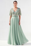 Green Beaded V-Neck Chiffon Mother of the Bride Dress