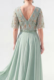 Green Beaded V-Neck Chiffon Mother of the Bride Dress