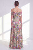 Light Khaki Off the Shoulder High Low Floral Mother of the Bride Dress
