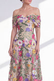 Light Khaki Off the Shoulder High Low Floral Mother of the Bride Dress