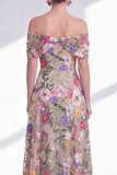 Light Khaki Off the Shoulder High Low Floral Mother of the Bride Dress