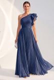 Glitter One Shoulder Pleated Navy Mother of the Bride Dress