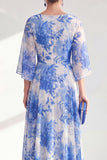 Red Chiffon Printed Long Mother of the Bride Dress with 3/4 Sleeves