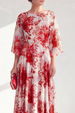 Red Chiffon Printed Long Mother of the Bride Dress with 3/4 Sleeves