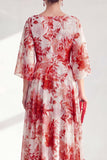 Red Chiffon Printed Long Mother of the Bride Dress with 3/4 Sleeves