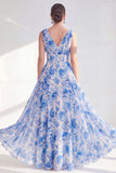 Blue A Line V-Neck Floral Mother of the Bride Dress