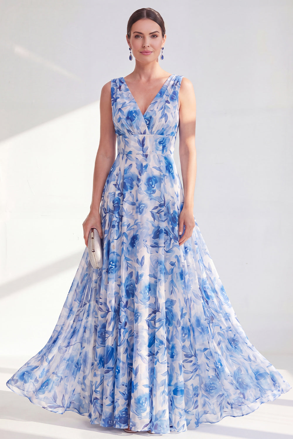 Wedtrend Women Blue Floral Mother of the Bride Dress A Line V-Neck Long Mother of the Groom Dress, Blue / US8