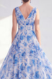 Blue A Line V-Neck Floral Mother of the Bride Dress