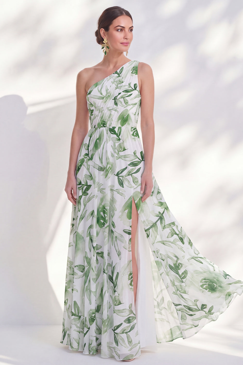 Wedtrend Women Green Mother of the Bride Dress with Slit Printed One  Shoulder A Line Long Mother of the Groom Dress – WEDTREND