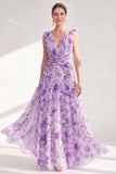 Purple Printed Ruched V-Neck Long Mother of the Bride Dress