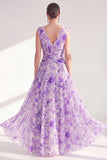 Purple Printed Ruched V-Neck Long Mother of the Bride Dress