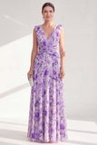 Purple Printed Ruched V-Neck Long Mother of the Bride Dress
