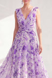 Purple Printed Ruched V-Neck Long Mother of the Bride Dress