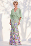Mermaid Lilac Floral Applique V-Neck Long Mother of the Bride Dress