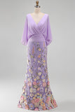 Mermaid Lilac Floral Applique V-Neck Long Mother of the Bride Dress